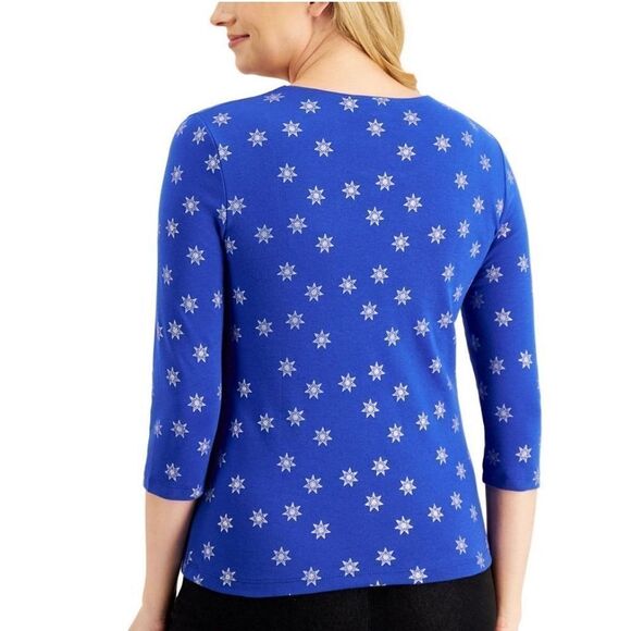 Karen Scott Festive Snowflake 3/4-Sleeve Top Ultra Blue PS - Picture 3 of 3